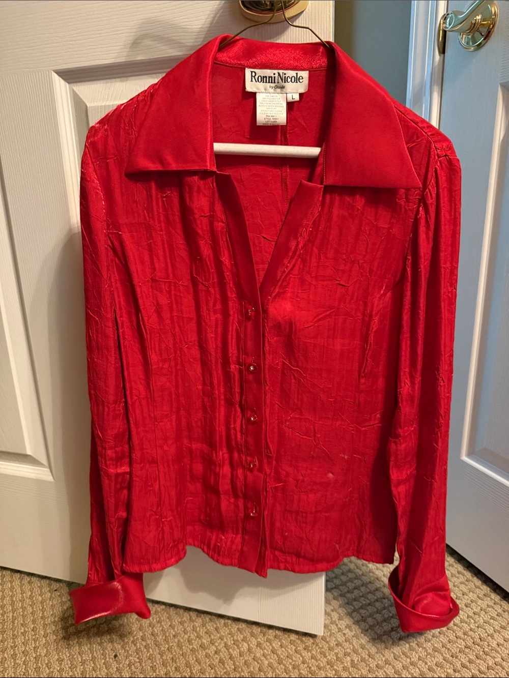 Ronni Nicole Vibrant Red Satin-Look Button Down Blouse